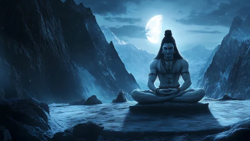 Divine yogi meditating under moonlit Himalayan peaks.