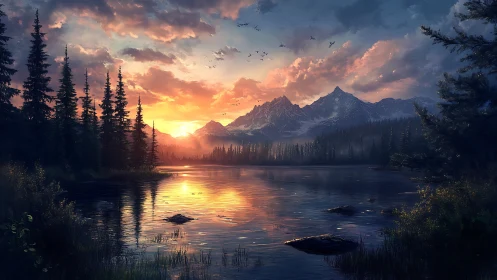 Sunlit mountain lake reflects glowing clouds at dusk.