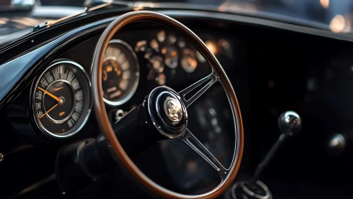 Classic car cockpit with wood steering wheel closeup.