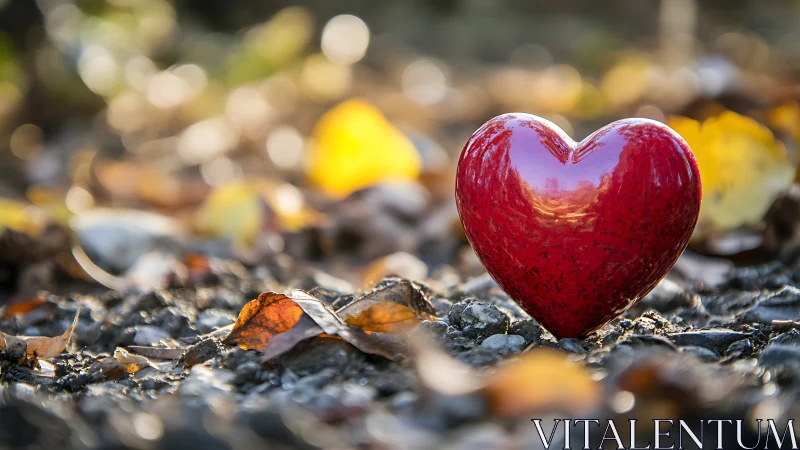 Crimson Heart Resting Among Autumn Debris and Golden Light.