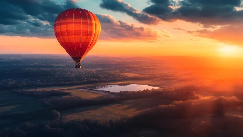 Hot air balloon over rural fields at vivid sunset sky.