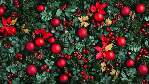 Red ornaments and foliage create a dense Christmas botanical field