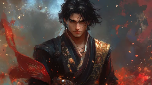 Martial fireborne warlord in ornate brocade amid embers.