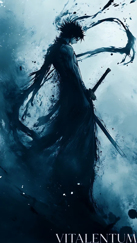 Shadow samurai silhouette in storm of inky energy.