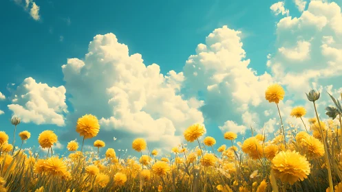 Golden dandelion field stretches under towering summer clouds