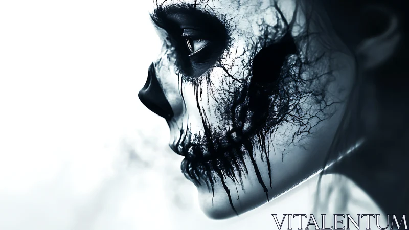 Side profile skull mask merges with branching black veins