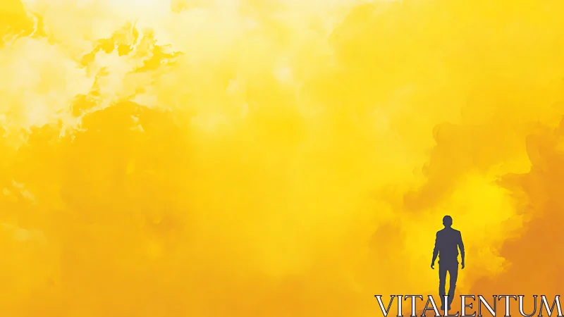 Silhouette of solitary figure against expansive yellow field.