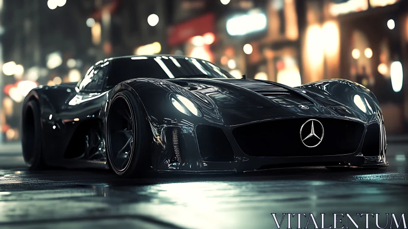 Low-slung Mercedes hypercar rendering on wet neon city street