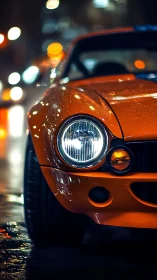 Vibrant close-up captures wet orange sports car in neon bokeh