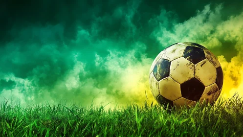 Weathered soccer ball rests on vivid green stadium grass.