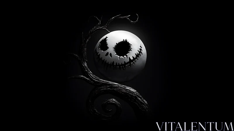 Grinning skull-like moon behind twisted dark branch form.