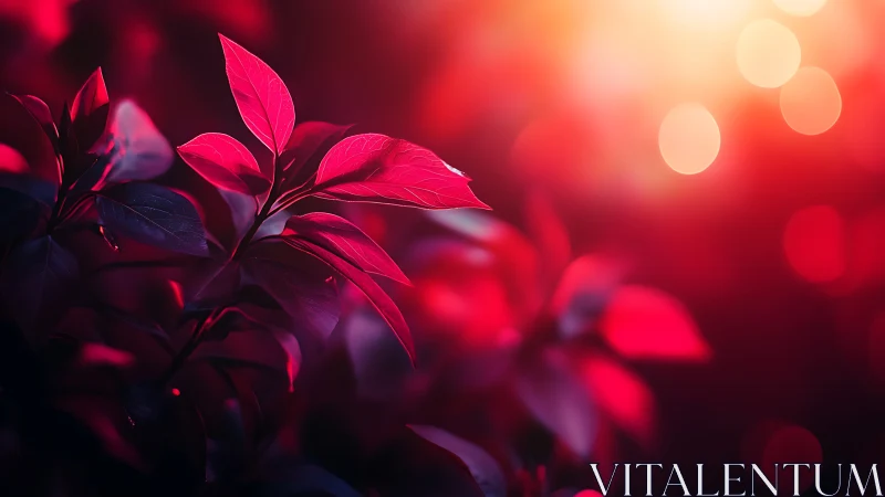Crimson leaves glow softly against a dreamy sunset bokeh