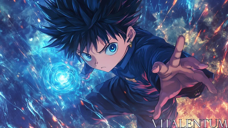 Dynamic anime sorcerer captured in high-energy perspective shot