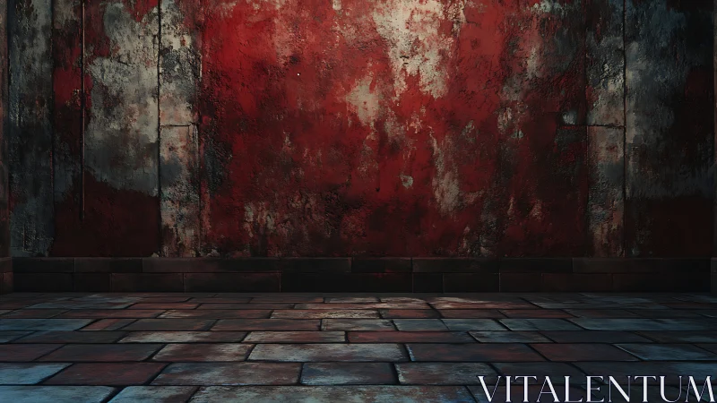 Red textured wall meets tiled floor in an empty interior
