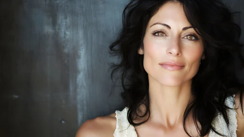 Confident brunette woman portrait against textured dark background.