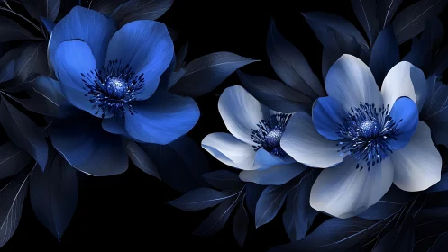 Blue and white flowers rendered against black background display bilateral symmetry