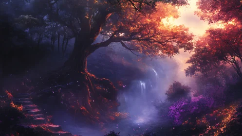 Ethereal Forest Chasm with Luminous Waterfall.