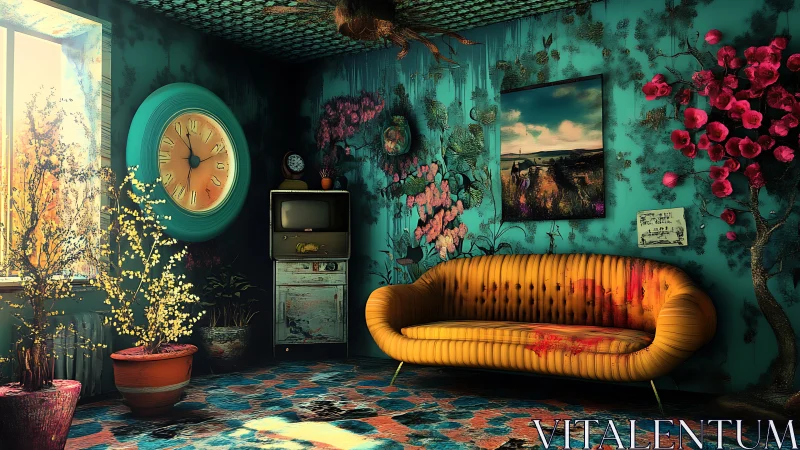 Chromatic retro lounge with surreal botanicals and timepiece.