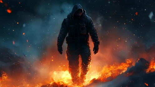 Lone hooded warrior strides through blazing inferno at night