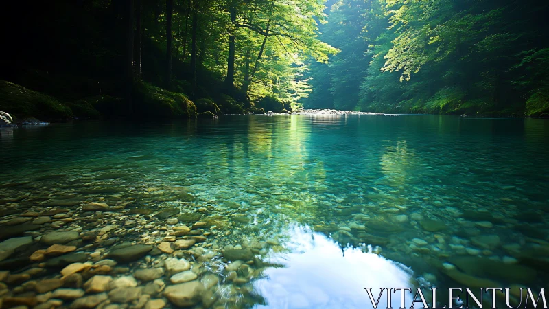 Sunlit forest river pool with crystal clear turquoise water.