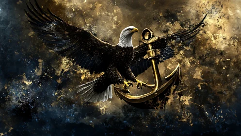 Bald eagle clutching golden anchor amid high-contrast splatter field