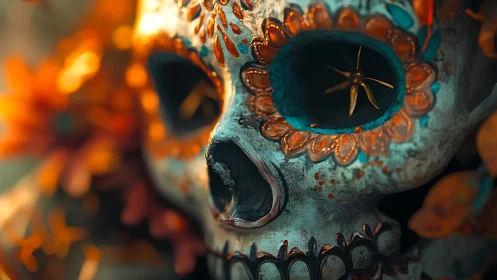 Gilded sugar skull with marigolds in cinematic closeup.