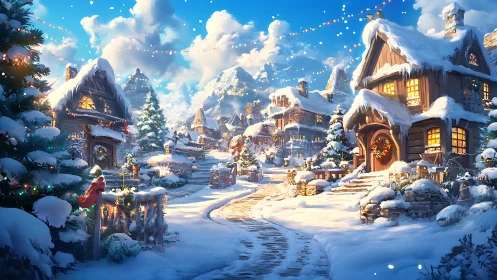 Snow-dusted village street glows in storybook winter twilight
