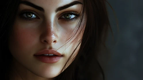 Photoreal digital portrait of freckled woman, shallow focus.