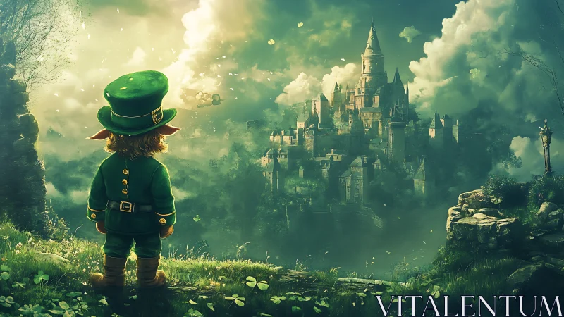 Leprechaun overlooks misty emerald castle at glowing dawn