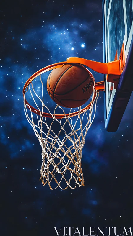 Basketball caught on rim against deep starry night sky.