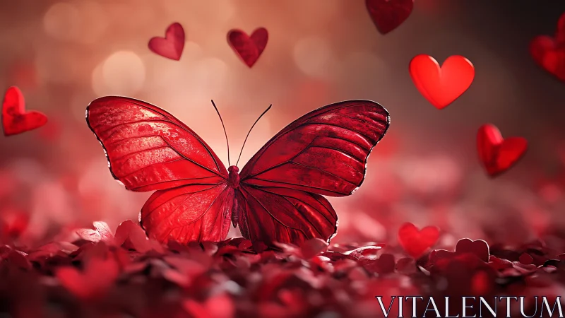 Chromatic macro study of red butterfly amid heart bokeh field.