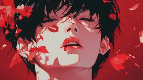 Red tonal portrait uniting soft shading and dynamic petals