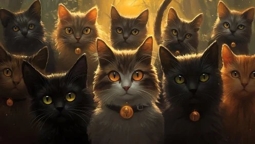 Golden-Eyed Feline Collective Illuminated by Ethereal Light.