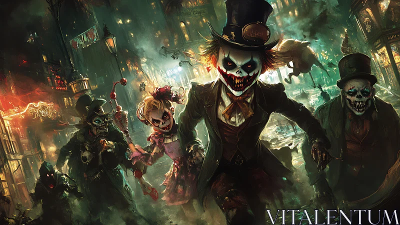 Horror clowns charge through chaotic neon lit city street