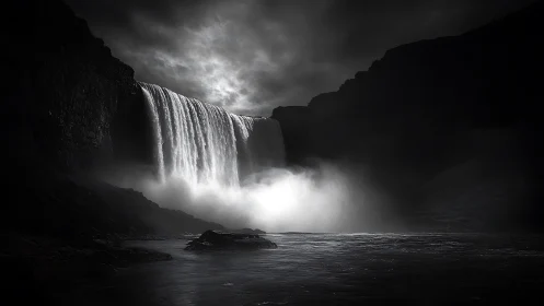 Monochrome long‑exposure waterfall under storm-laden sky