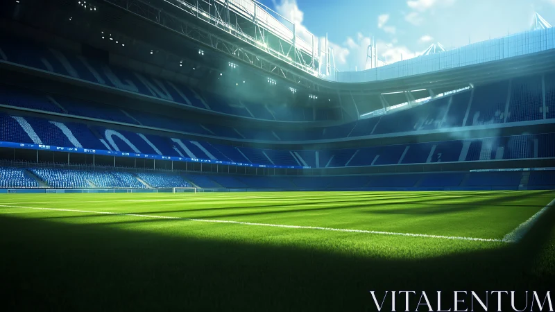 Sunlit empty football stadium interior shows vivid turf