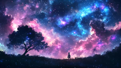 Child under cosmic sky walks past lone tree at night.