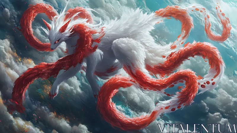 Mythic sky dragon with flowing red tendrils, digital painting.