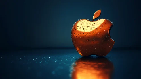 Glossy orange apple emblem with condensation on wet surface