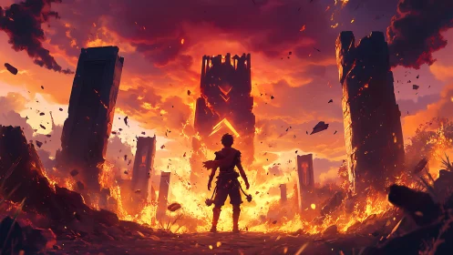 Flame crowned wanderer before crumbling titans of dusk.