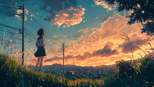Schoolgirl silhouette over cinematic sunset cityscape.