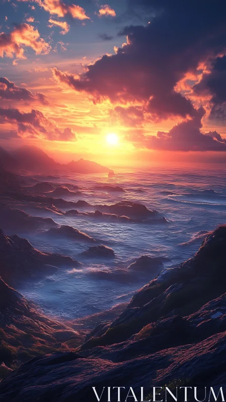 Sunset waves rolling through luminous twilight cliffs.