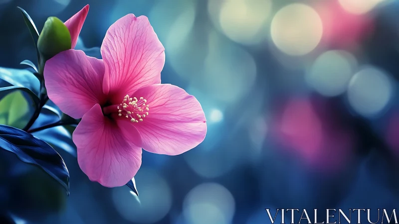 Pink hibiscus flower with unfocused background bokeh