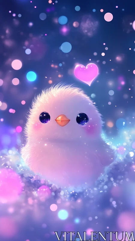 Luminous Fluffy Chick with Neon Pink Heart in Bokeh Particle Field