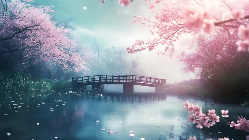 Cherry blossom bridge over tranquil misty river at dawn.