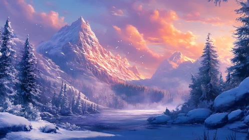 Aurora-kissed winter range cradling a hush of frozen river.