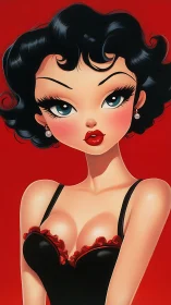 Stylized pin-up woman in black dress on red background.