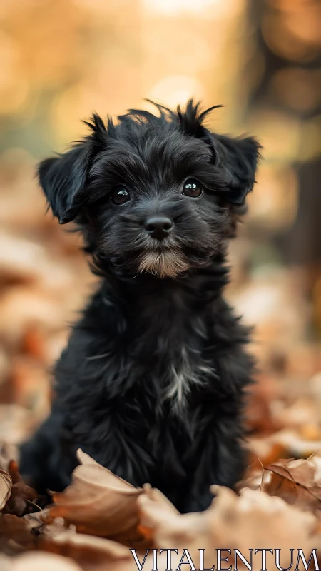 Curious black puppy resting in a swirl of autumn leaves.