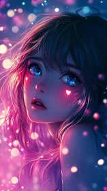 Neon-lit anime portrait of girl with glowing heart marks.