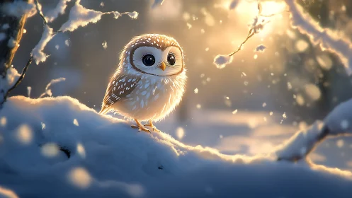 Adorable Cartoon Owl in Snowy Forest at Sunrise, Soft Lighting.